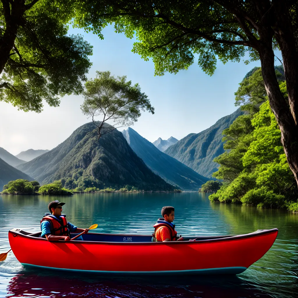 Fotos canoa familia sorrisos lago montanhas