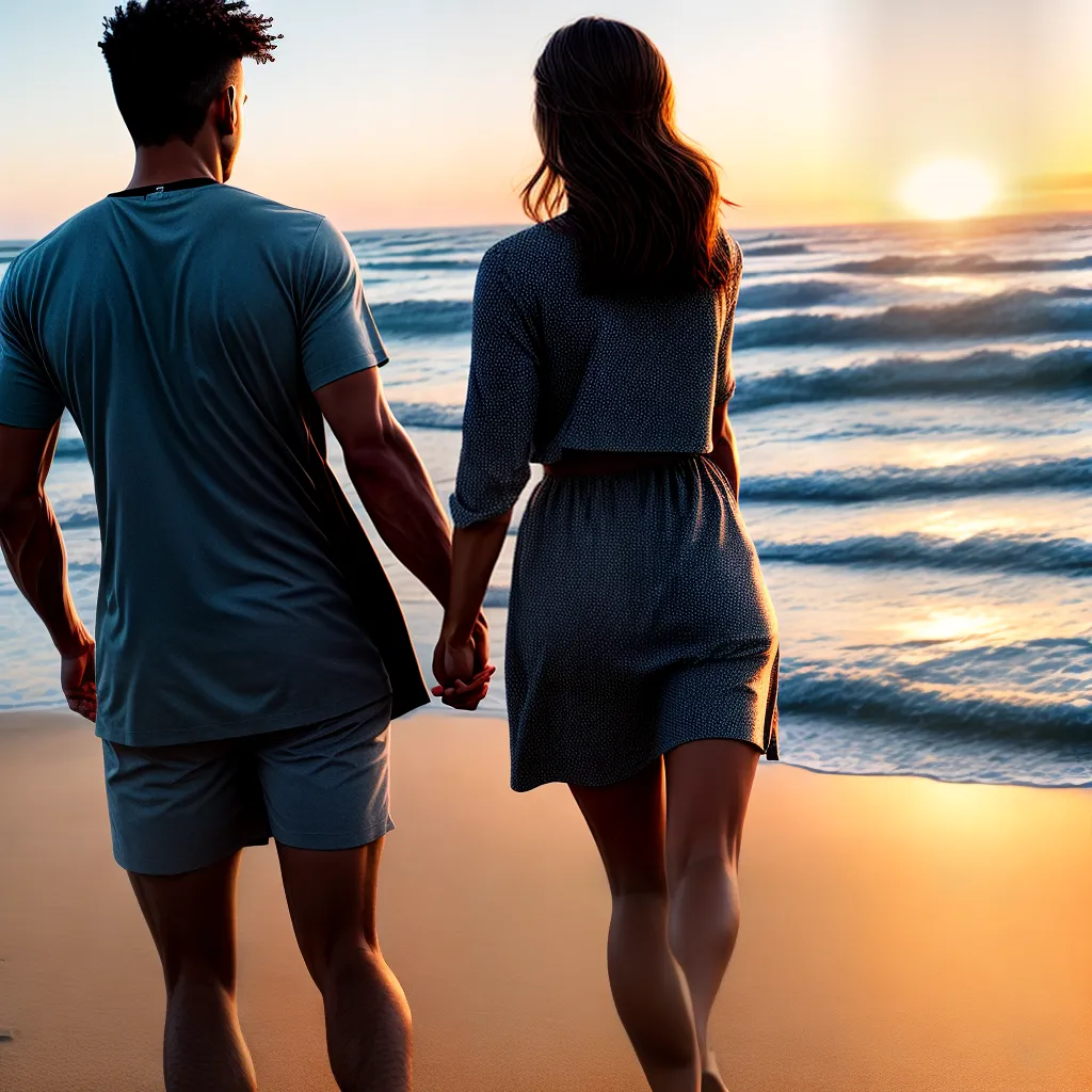 Fotos casal andando praia por do sol