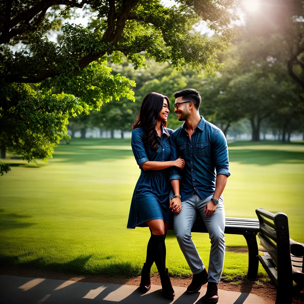 Fotos casal sorriso banco parque sol