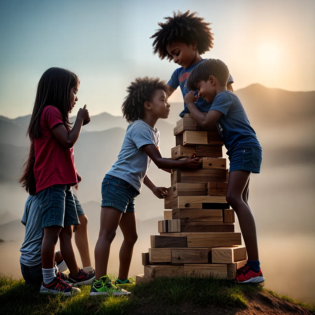 Fotos criancas torre blocos trabalho equipe