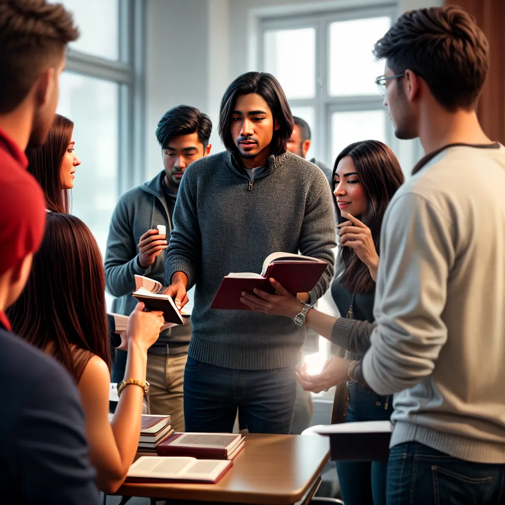 Fotos estudantes discutindo biblia professor