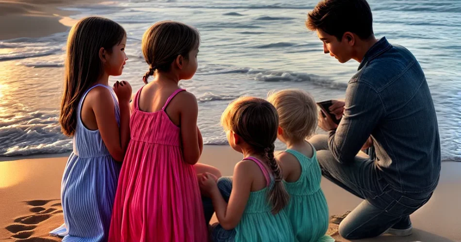 Fotos familia praia por do sol leitura