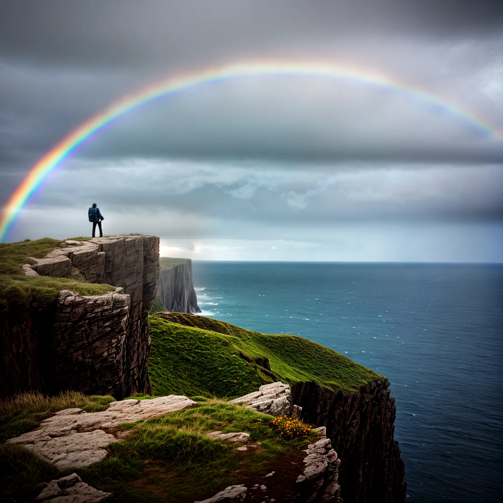 Fotos jovem penhasco mar tempestade arcoiris