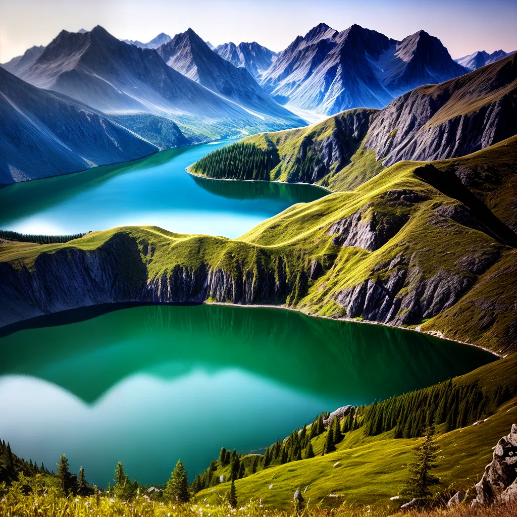 Fotos lago montanhas paz por do sol