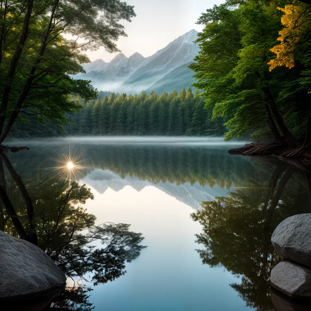 Fotos lago montanhas reflexo sol paz