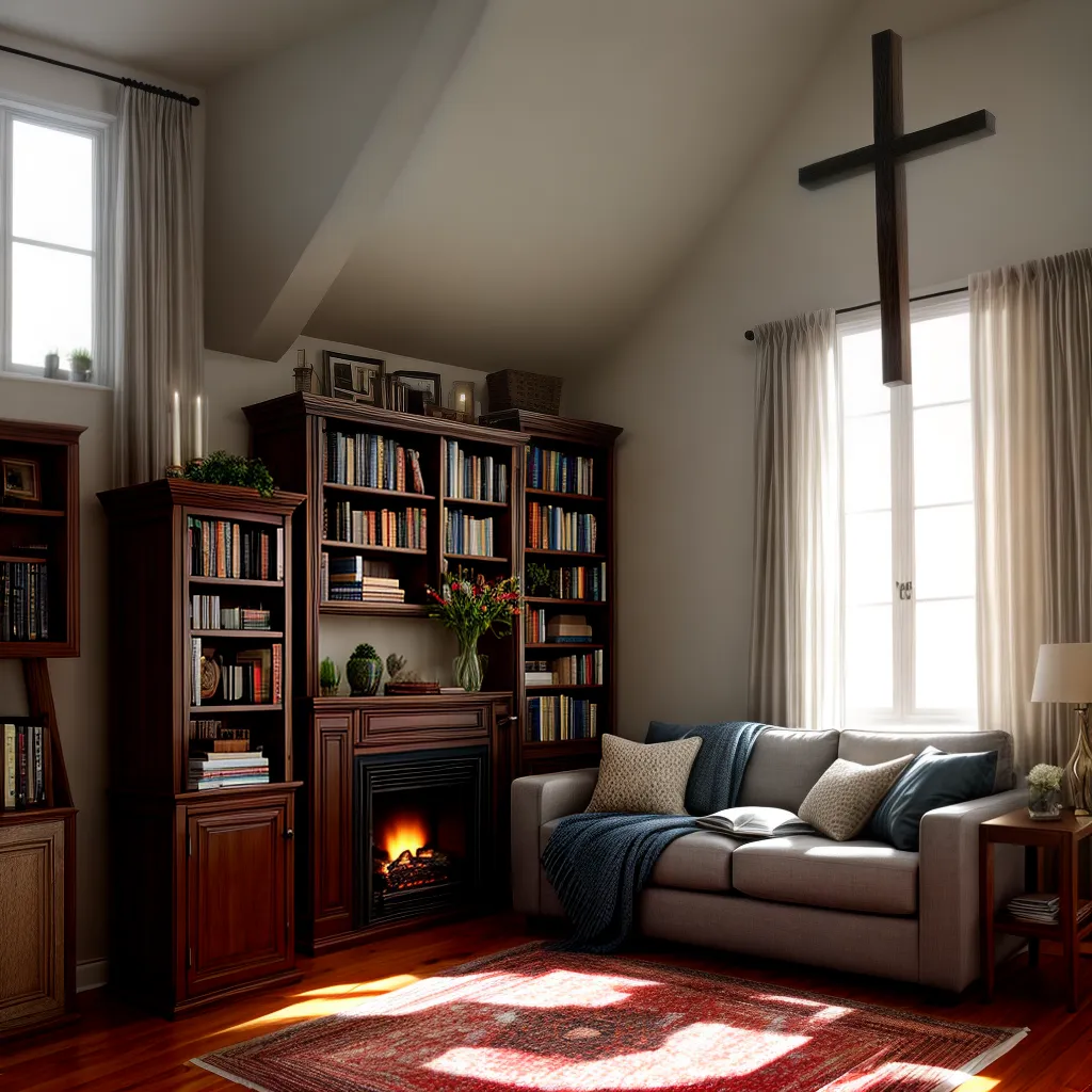 Incentivar a adoração em casa e fortalecer a espiritualidade da família. 9 Fotos sala familia oracao fe livros cruz